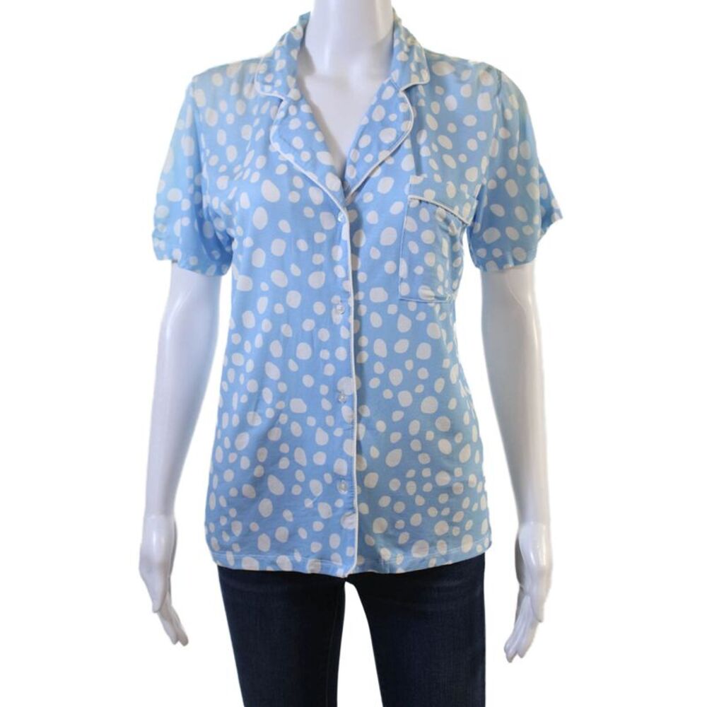 Stripe & Stare Womens Polka Dot Collared Button-Down Pajama Top Blue Size S